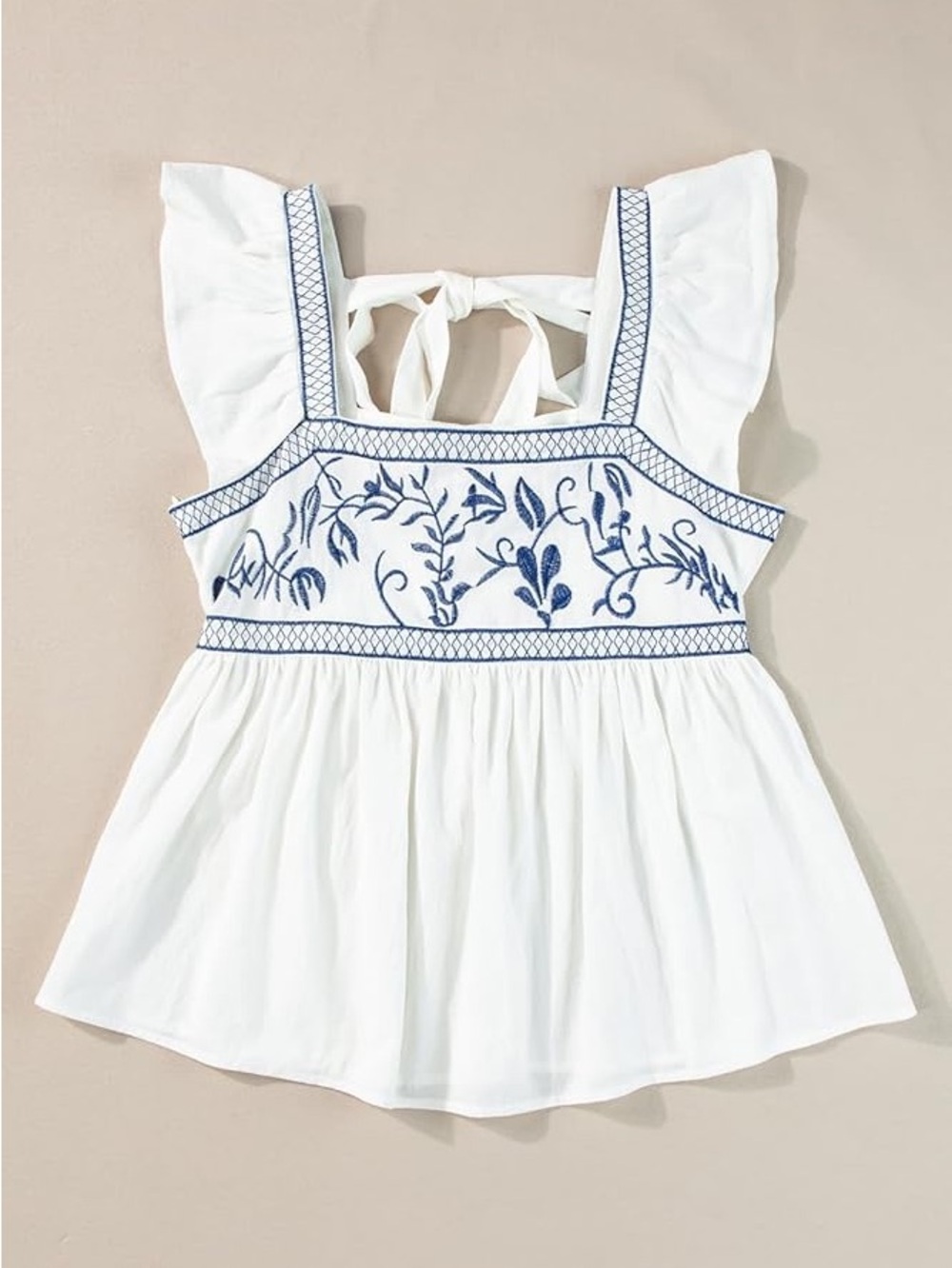 White Embroidered Flutter Sleeve Women's Top